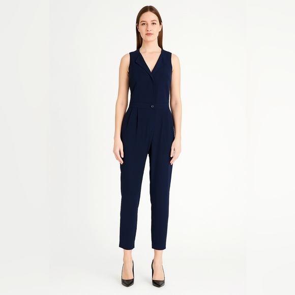 J.Crew Navy Blue Trench Jumpsuit One Piece Pants Crop Silky Sz 2 Pockets Career - Picture 1 of 12